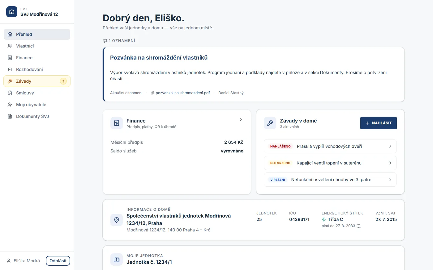 Přehled vlastníka v portálu HousePilot — oznámení, finance a stav jednotky na jednom místě