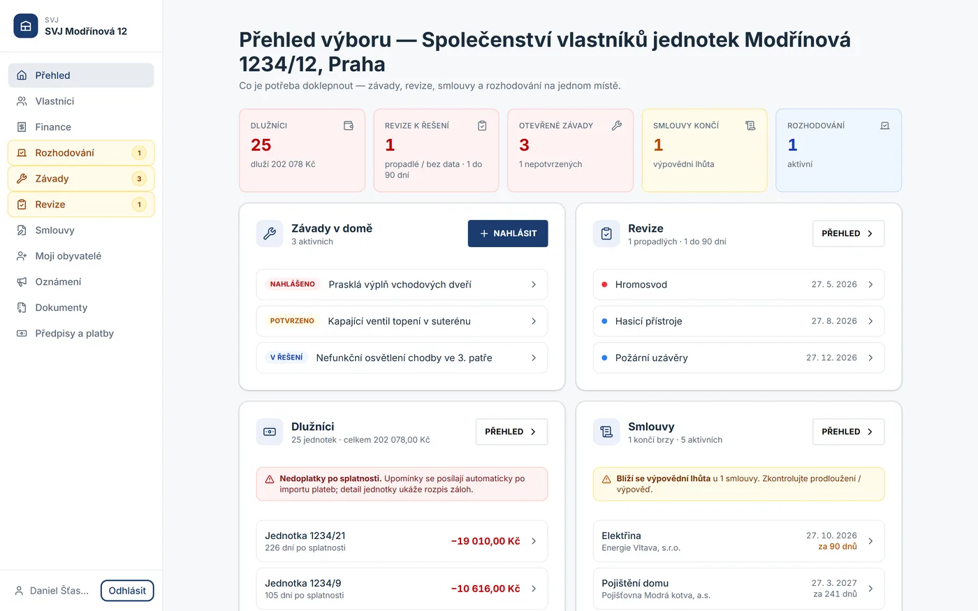 Přehled výboru v portálu HousePilot — saldo domu, termíny revizí, závady a hlasování
