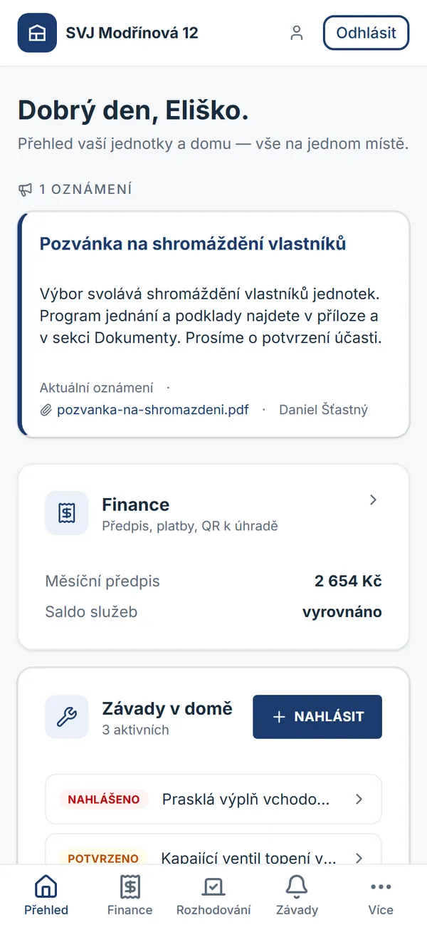 Mobilní přehled vlastníka v portálu HousePilot