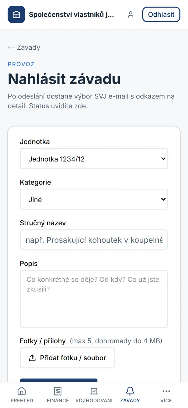 Hlášení závady z mobilu v portálu HousePilot